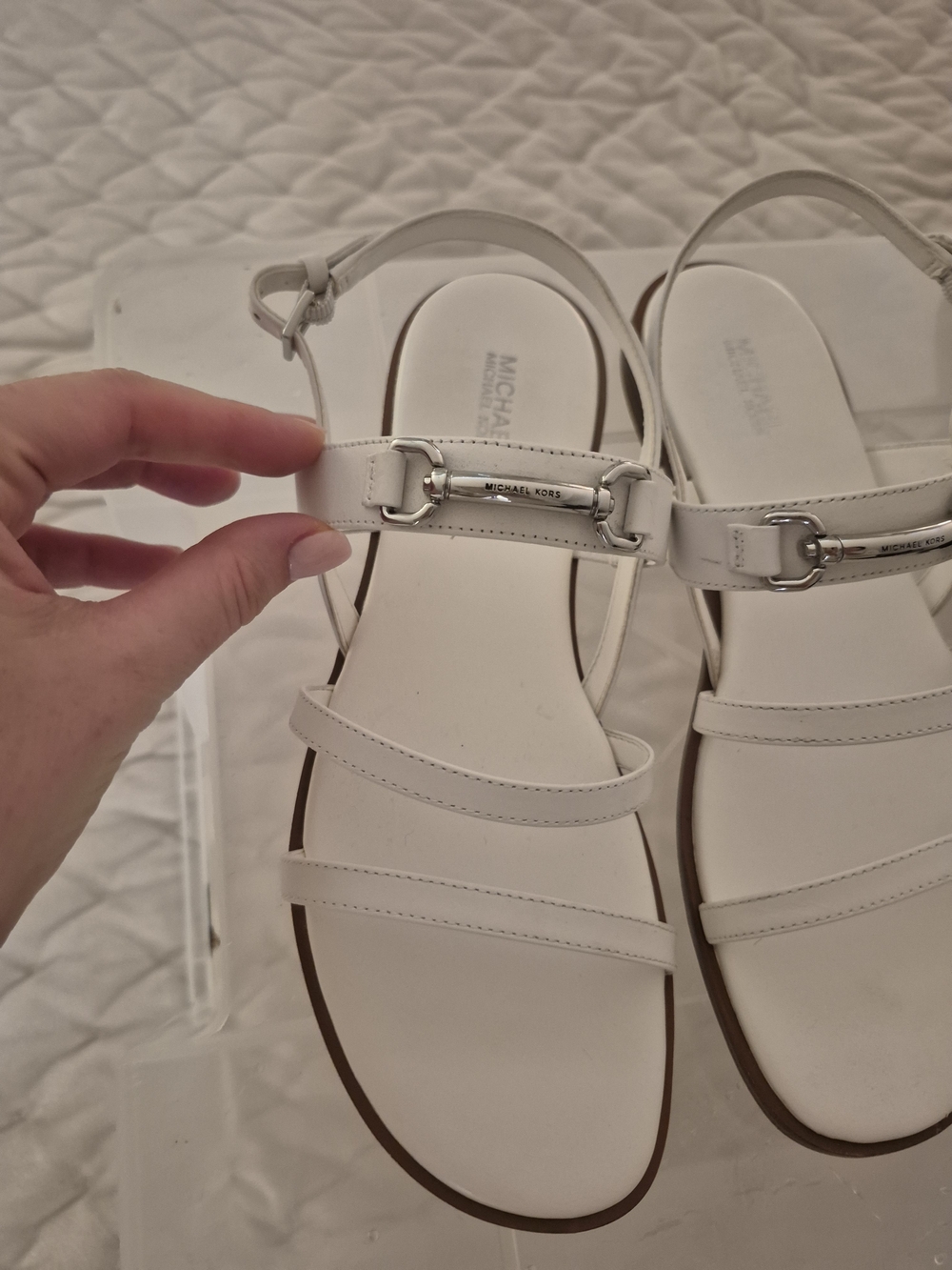 Michael Kors White Leather Triple-Strap Sandals with Silver Hardware
